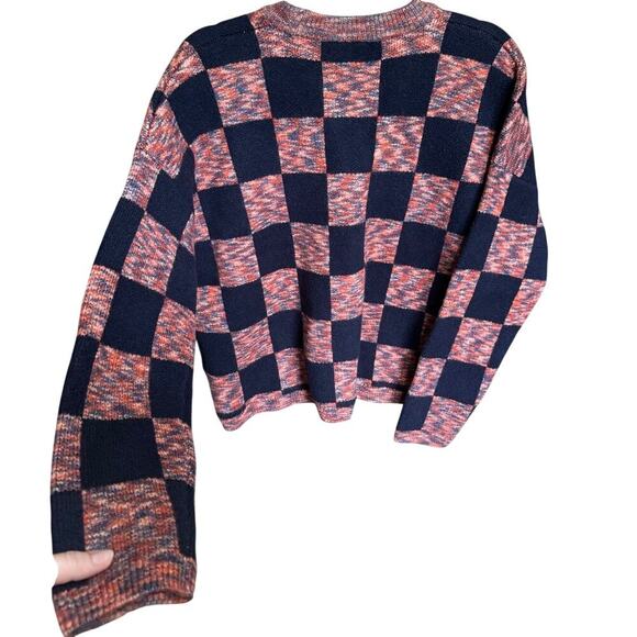 NWT Madewell Checkered Pullover Sweater Boxy Cropped Navy Blue Pink Size Large - Picture 7 of 13